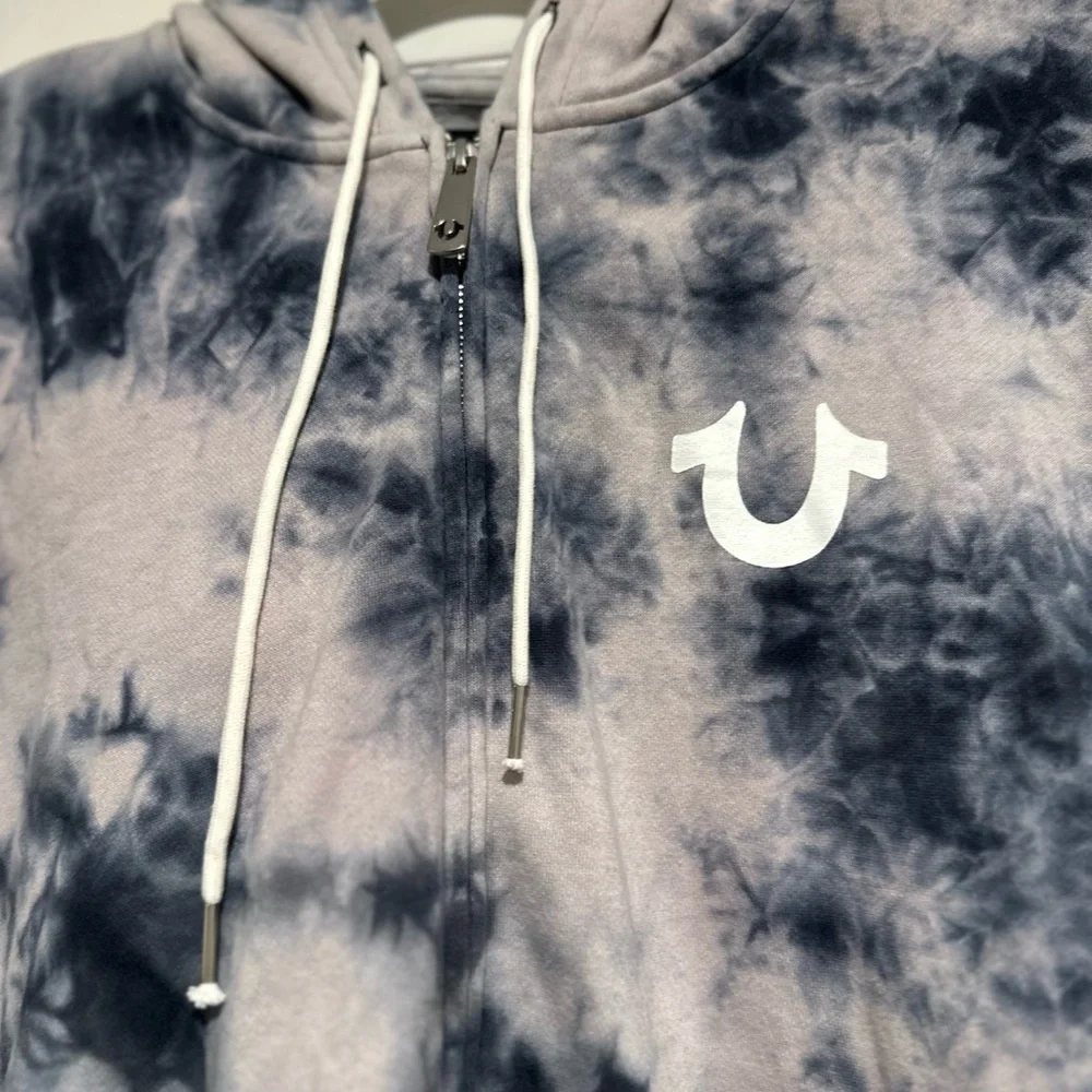 NWT True Religion Mens Sz:XL Black & White Tie Dye Full Zip Graphic Print Hoodie